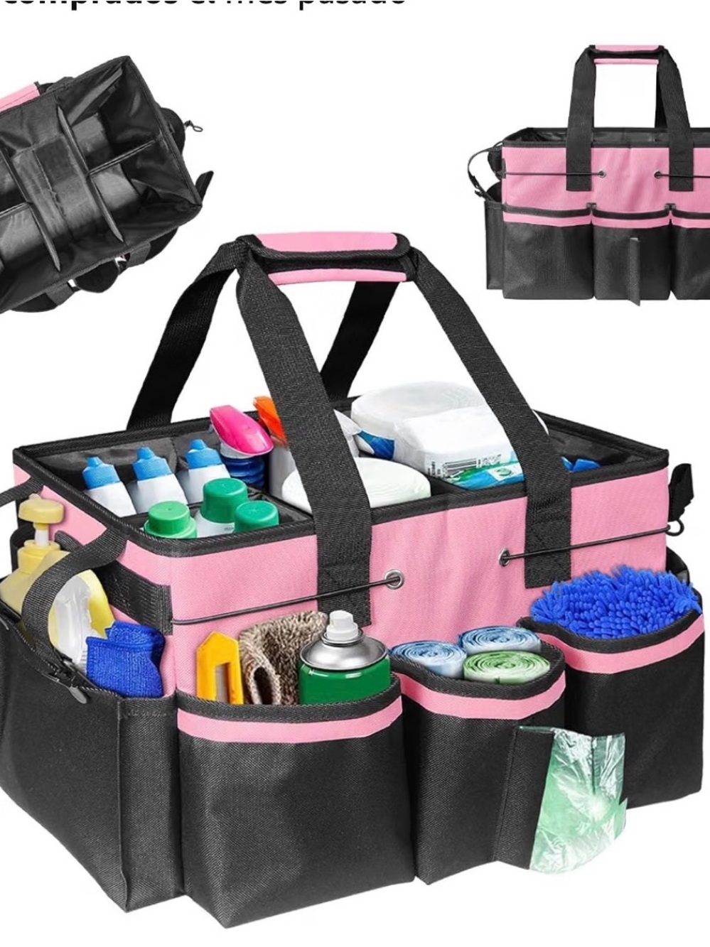 Pink & Black Open-Top Utility Tote Bag for Home Storage